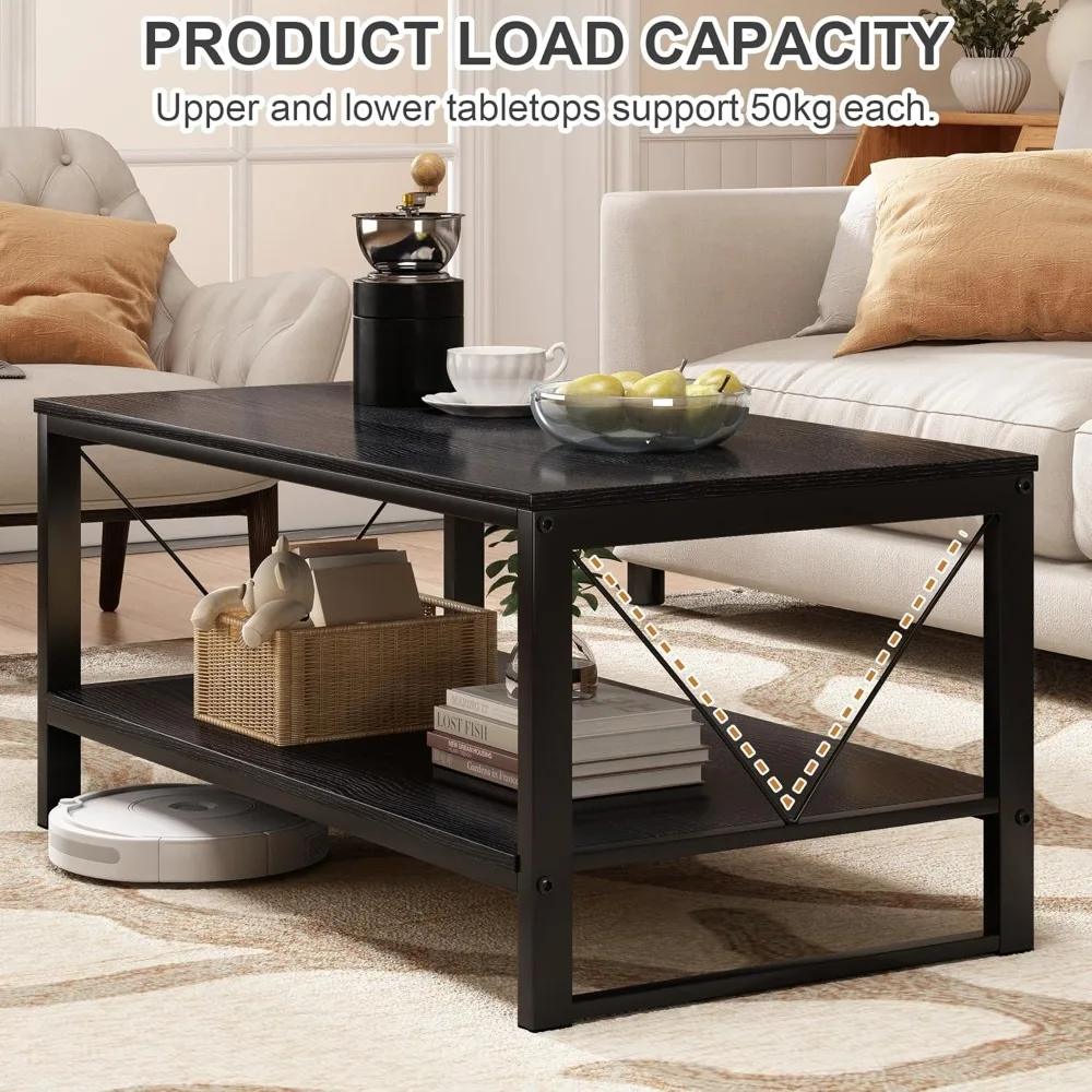 Rectangle Coffee Tea Table with Storage Shelf, Farmhouse Wooden Coffe for Living Room Table, 40 Rustic Center