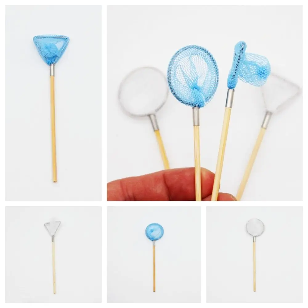 

Cute Pretend Play Dollhouse Fishing Net Rod DIY Blue Miniature Sweep Net Round Triangle Mini Fishing Net Pole Ob11