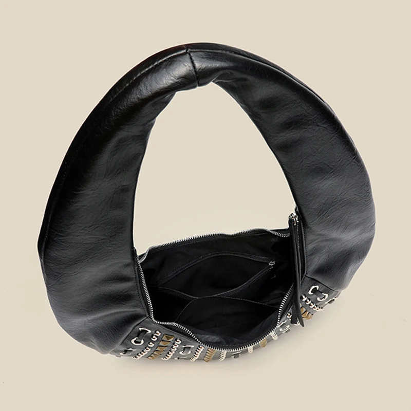 Vintage Slim Half Moon Bags For Women Luxury Designer Handbag Purse 2026 New In PU Inlaid Rivet Large Capacity Underarm Shoulder
