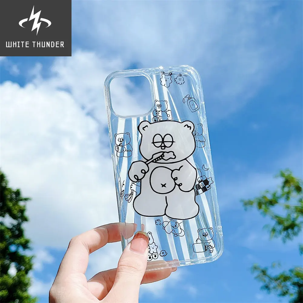 Cute Reading Cat Brushing Bear Bracket Folds Clear Soft Phone Case For IPhone 12 11 13 Pro Max 11 12 13 PRO Protective Cover