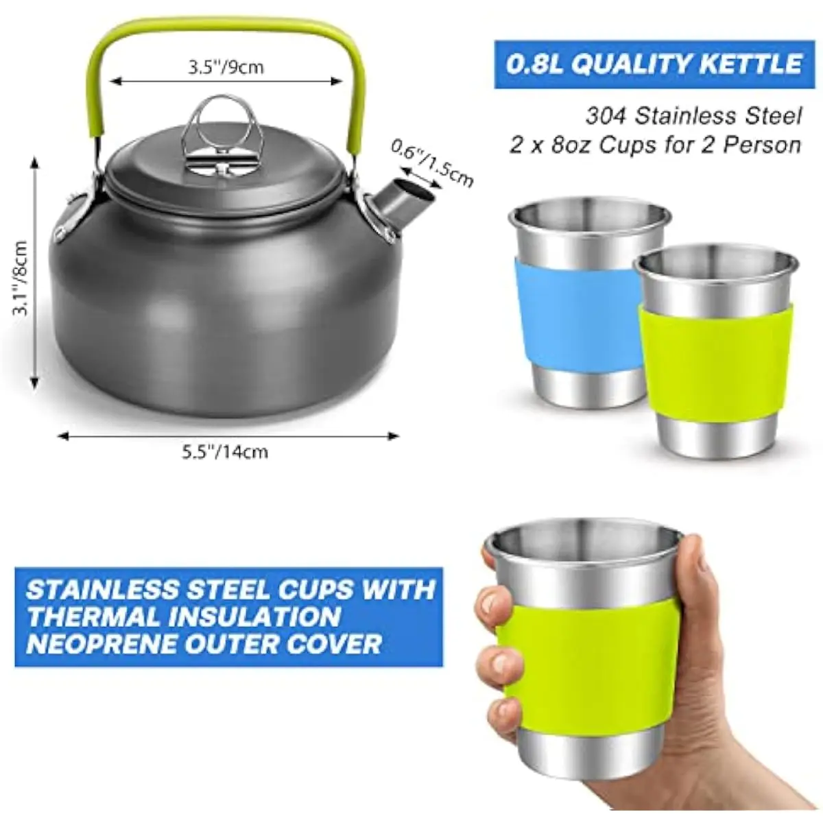 15pcs Camping Cookware Mess Kit, Lightweight Pot Pan Kettle Set