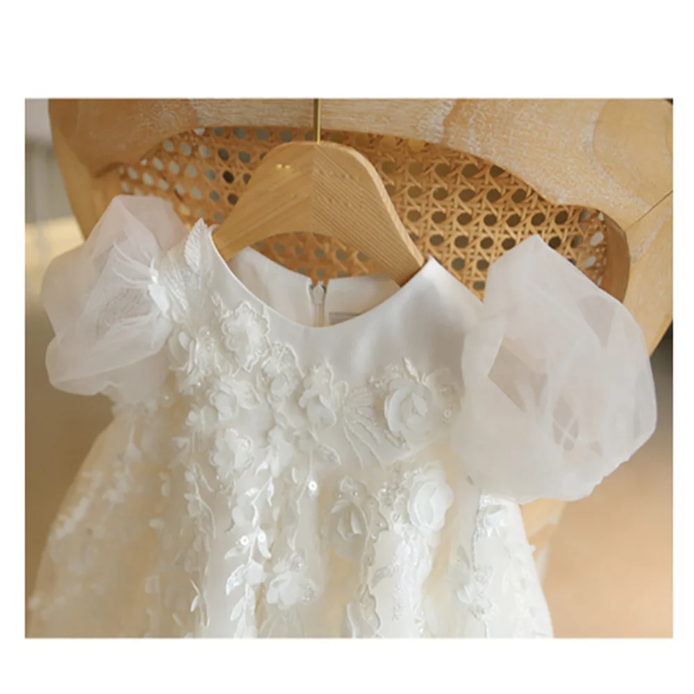 Vestido de princesa de cintura alta para batismo, branco, aniversário de bebê, casamento, flor, vestido de menina, fofo, personalizado, vestido de