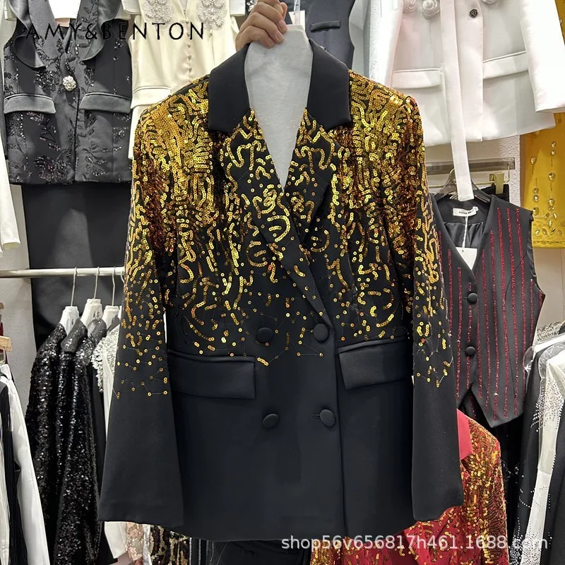 

2026 Spring Autumn American Style Suit Coat Fashion Elegant Heavy Industry Beading Sequin Double-Breasted Blazer Formal Jacket