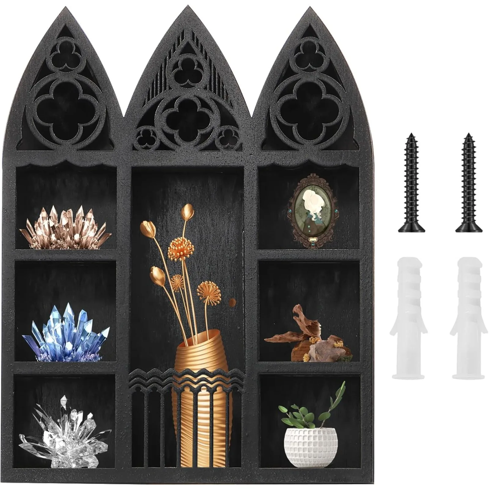 

Gothic Window Crystal Shel Display, Black Wall Mounted Gem Stone Rock Storage Holder, Exquisite ential Oil Shel, Wooden Crystal