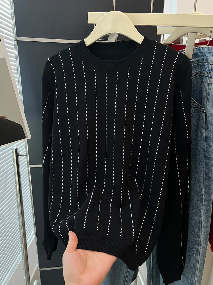 Faionable High-End Camere Knitwear Autumn Loose Casual Comfortable Long Sve Women's Top Diamond-Embedded Korean Sle