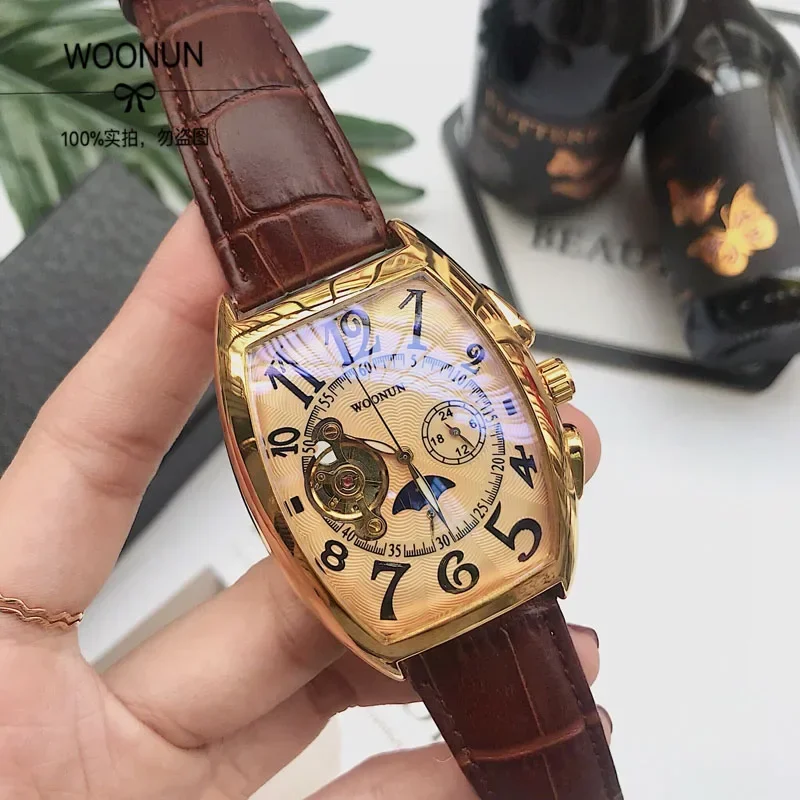 Reloj SEWOR, relojes mecánicos Tonneau a la moda, relojes de pulsera mecánicos automáticos dorados de lujo para hombre, Tourbillon de fase lunar para hombre