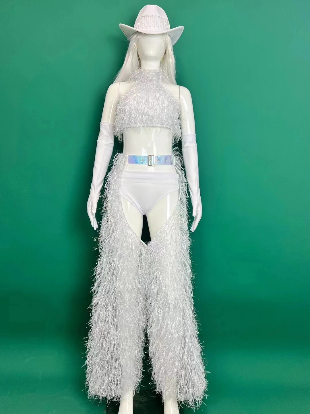 Traje de baile Gogo Sexy para mujer, equipo de bailarina y cantante, Tops de felpa blancos, pantalones, conjunto de sombrero, Bar, club nocturno, DJ DS, trajes de actuación Rave