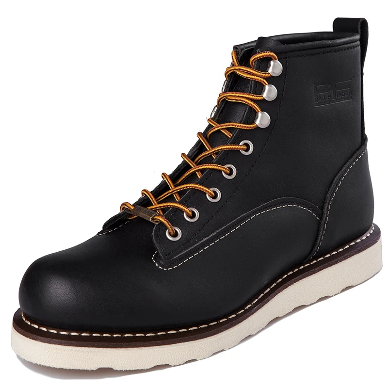 pf Men's Fashion Genuine Leather Motorcycle Boots Steel Toe Slip-Resistant Engineer Boots Mid-calf Western Boots Goodyear-welt
