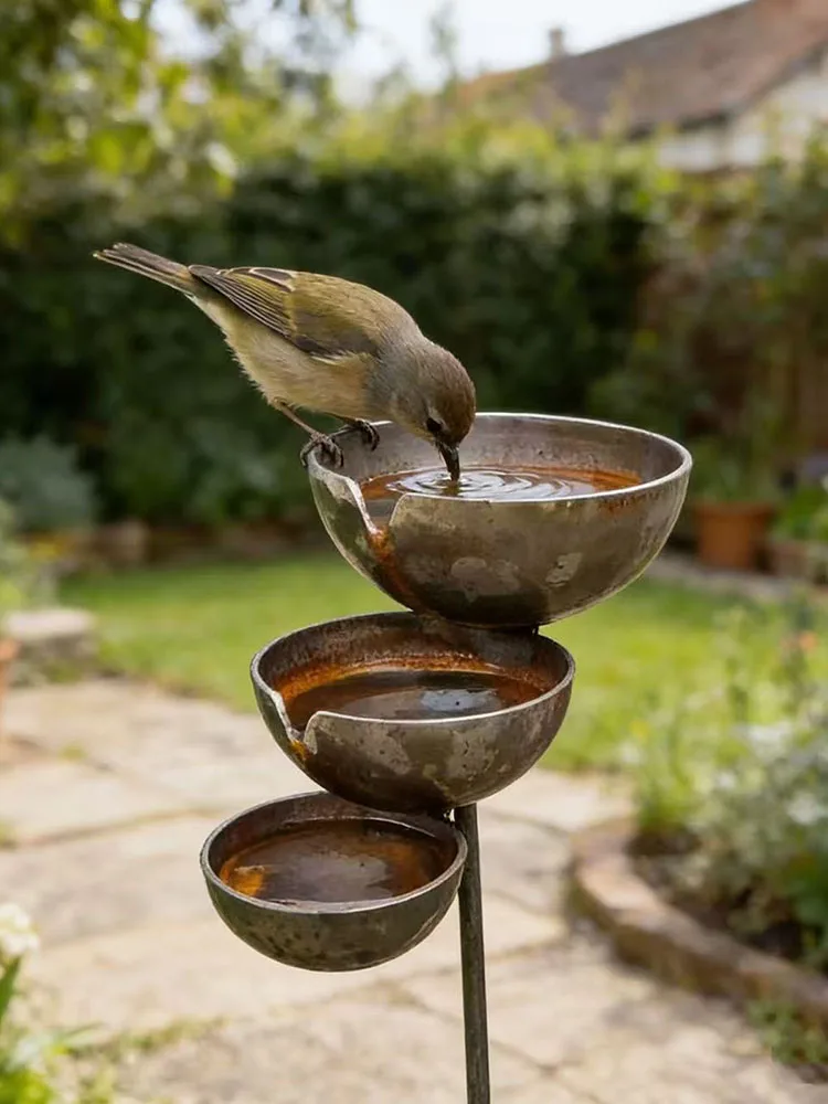 3-Layer Bird Water Bowl with Metal Stake Bird Water Feeding Bowl Bird Bath and Feeder for Outdoors Garden Patio Yard Lawn Decor