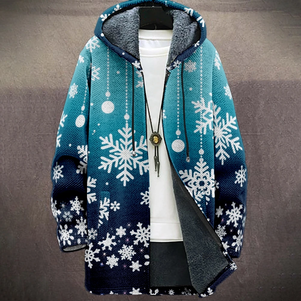Gradient Blue Red Snowflake Men's Hooded Fleece Jacket Warm Winter Coat with Faux Fur Lining Stylish Cold-Weather Outerwear