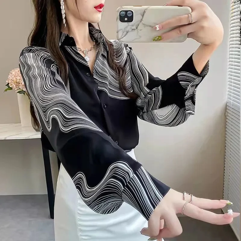 Shirt Women's Design Sense Niche Long-Sleeved Blousers 2025 Spring And Autumn Korean Retro Buttton Chiffon Shirt Top Printed 102
