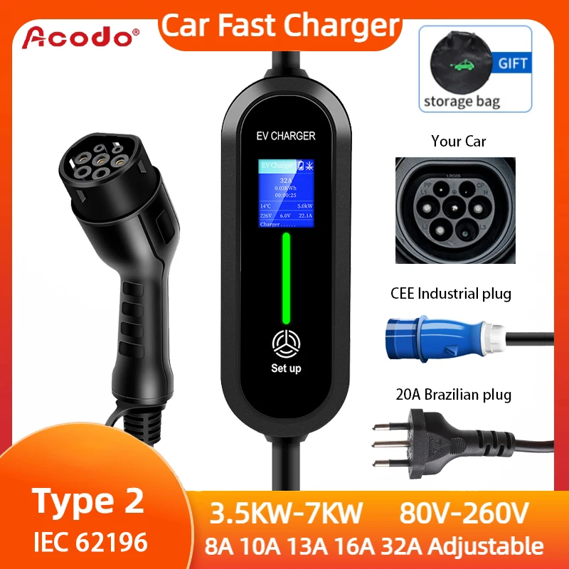 ACODO EV Portable Charger Type 2 IEC 62196 Charger BR Plug WallBox 7KW 8A 10A 13A 16A 32A Adjustable Current Car Fast Charger