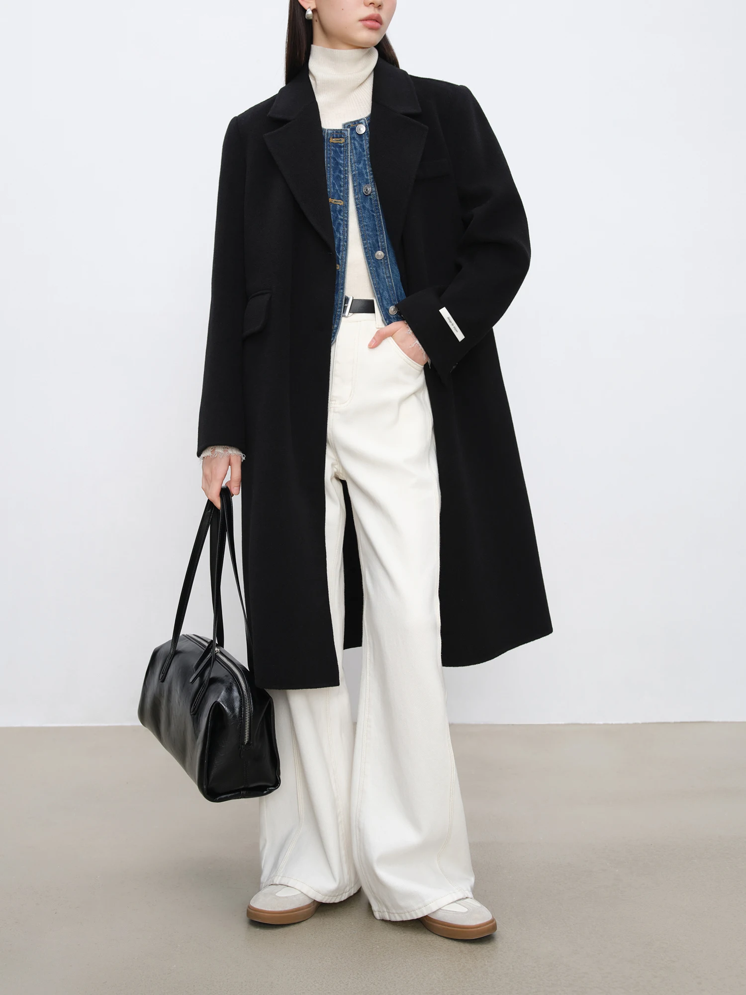 ZIQIAO Petite Size Black Shoulder Cashmere Woolen Coat for Women 2024 Winter Clothing New High-end Coat Casual Loose 24ZQ94315