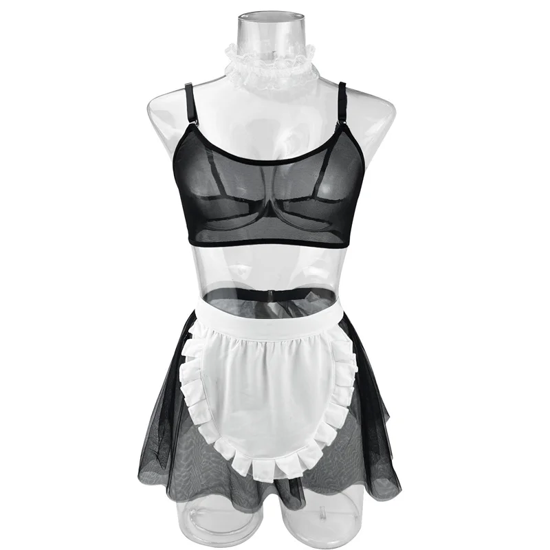 Maid Outfit Cosplay Sexy Lingerie Mesh Transparent Bra+Mini Skirt+Thongs Erotic Costumes Tempation Maid Uniforms Sexy Underwear