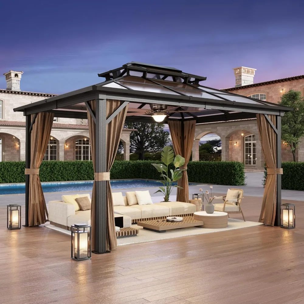 

Беседка 10x13 дюймов с твердым верхом и двойной крышей из поликарбоната, с шторами и сеткой, уличная беседка с алюминиевой рамой, постоянный павильон