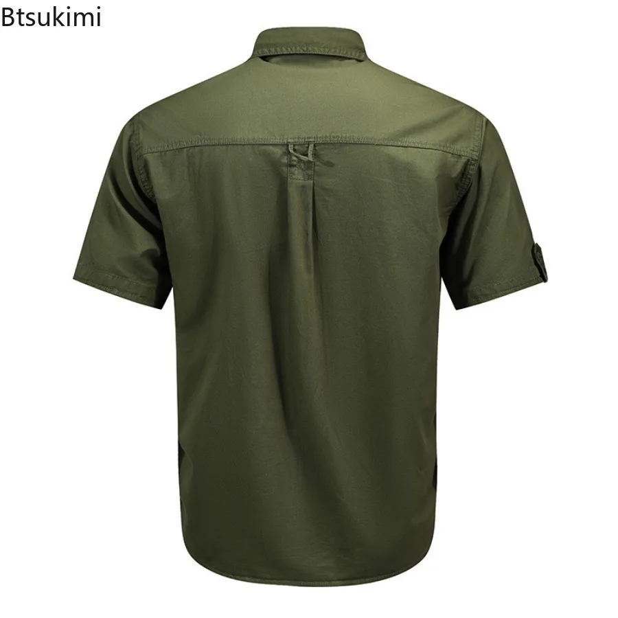 Camisa tática masculina de manga curta, camisas 100% algodão, outdoor multi-bolso, caminhada, pesca, trabalho, tops, verão, novo