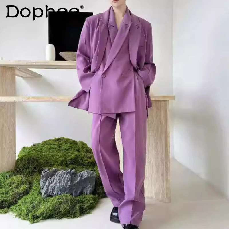 

Men's 2026 Spring New High-End Trendy 2pcs Solid Color Suit Sets Men's Padded Shoulder Blazer Jackets Trousers Two-Piece Sets