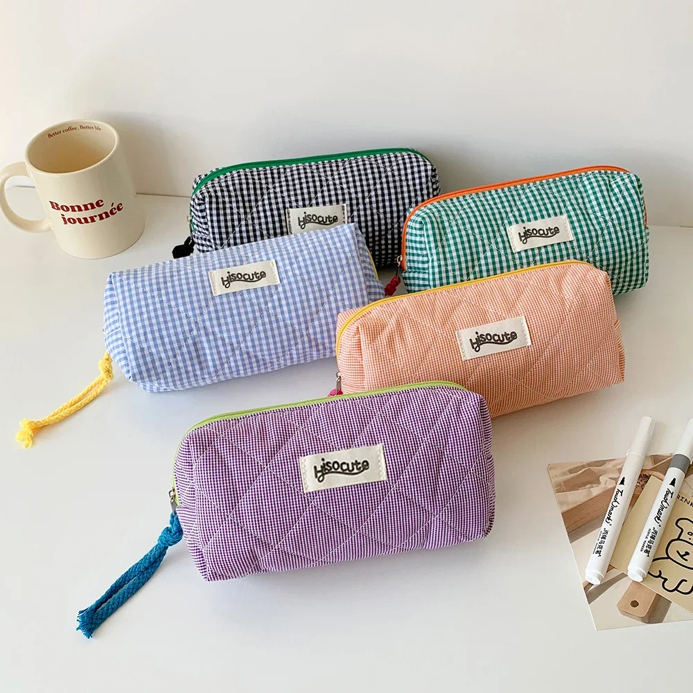 INS Style Large Capacity Plaid Cloth Pencil Case Korean Style Cloth Makeup Bag Simple Style Student Stationery Storage Bag