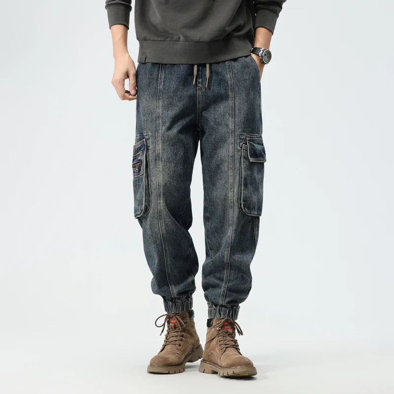 Jeans Kargo Longgar Gaya Jalanan Tinggi Dicuci Retro Musim Gugur Pria Celana Kasual Pakaian Kerja Ukuran Besar Kaki Meruncing Amerika Trendi