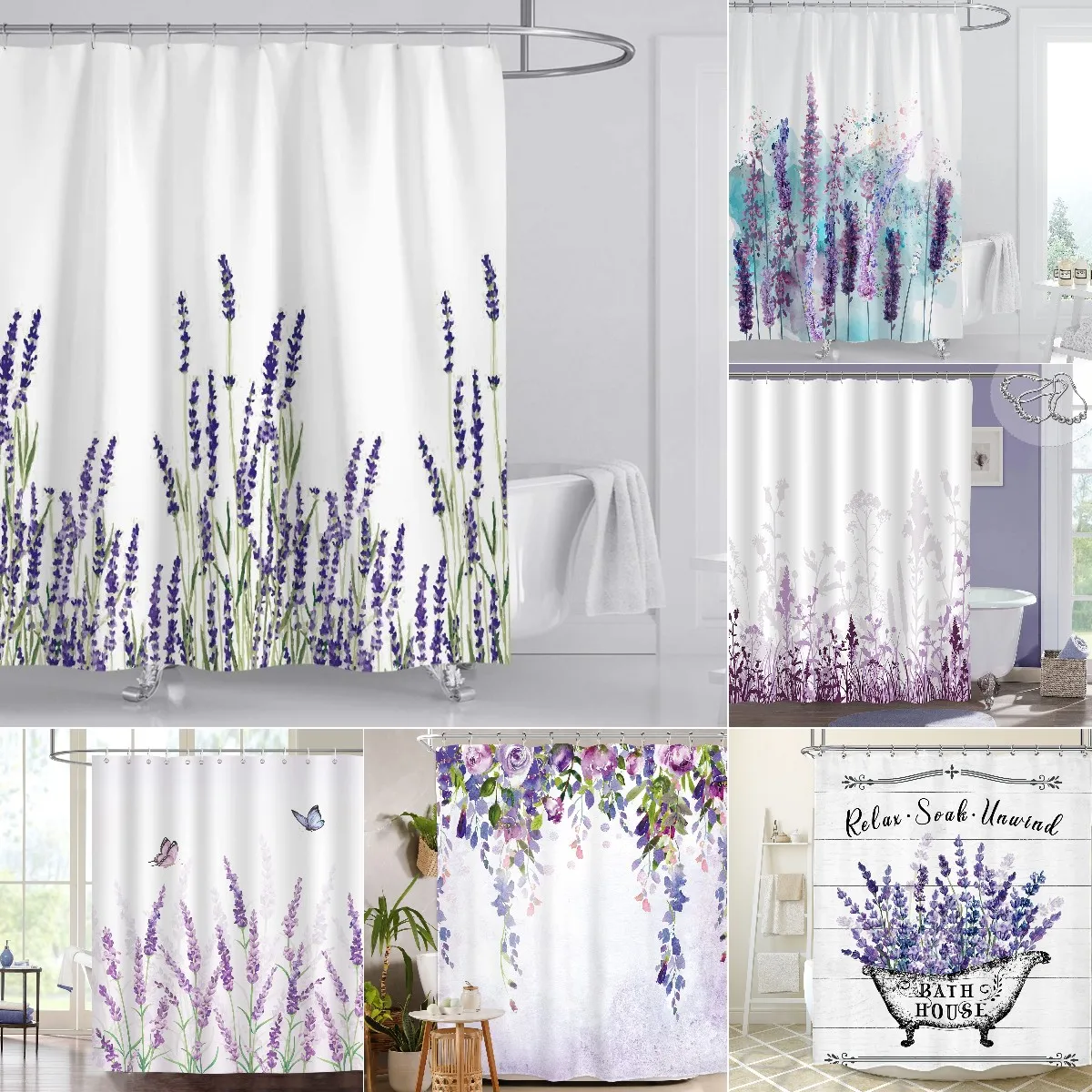 Lavender Shower Curtain with Hooks Waterproof Polyester Fabric Purple Floral Plant Bathroom Bathtub Curtains for Bath Room Tub