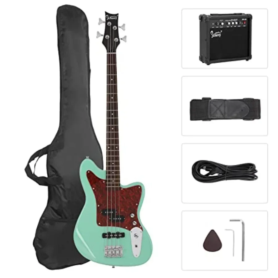 Beginner electric bass guitar kit for practice and learning: red pearl guard full-size 4-string bass with 20W amp, digital tune