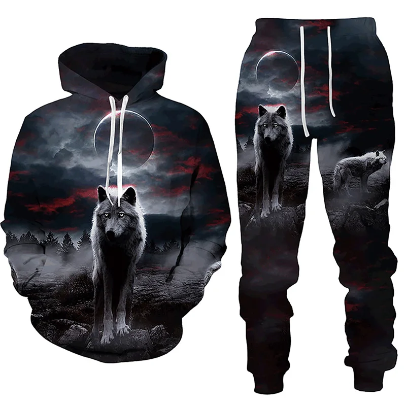 Ensemble de survêtement imprimé loup de forêt pour hommes, sweat à capuche 3D, sweat-shirts décontractés, pantalons de survêtement, vêtements de