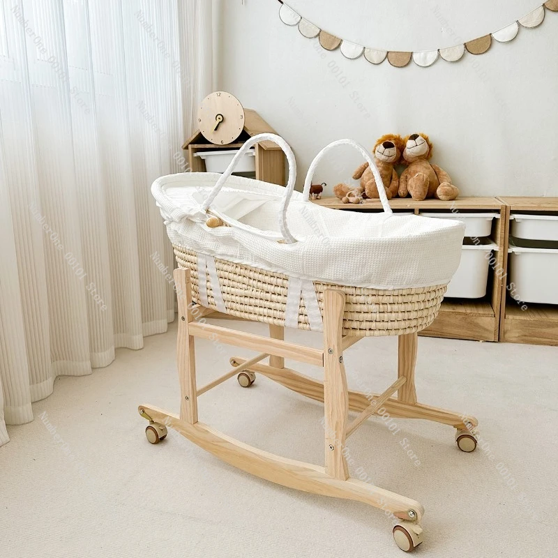 Portable Newborn Cradle Nap Basket, Handmade Woven Bedside Baby Bed with Carry Handle