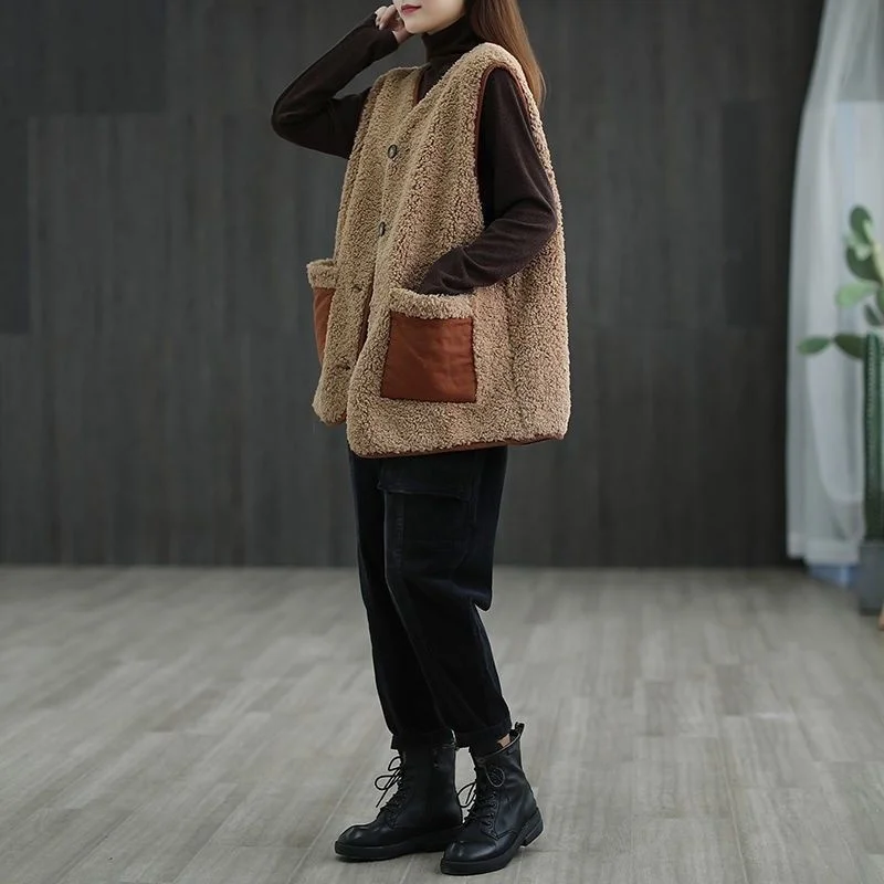 Gilet en velours d'agneau pour femmes, ample, décontracté, artistique, grande taille, Jaet, automne, nouveau Sle, trajet, v-ne, fermeture à bouton unique, Pure C...