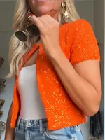 Casual Orange Glitter Sequin Mini Cardigan Women Short Sleeves Round Neck Shinny Blouses Fashion Lady Commuting Street Wear 2025