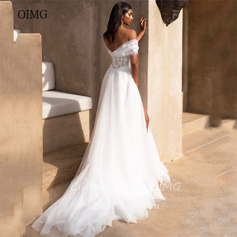 OIMG Luxury Ivory A-line Wedding Dress Off The Shoulder Bride Dresses High Side Split Wedding Gowns vestidos de novia