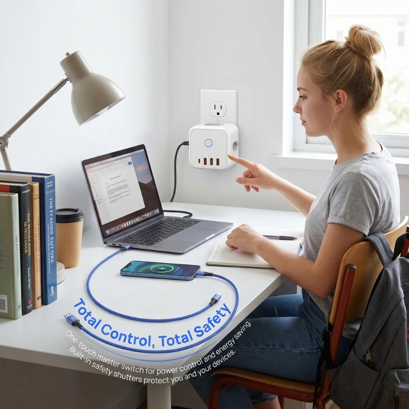 

USB C Surge Protector Cube Power Strip 7-in-1 3 AC Outlets 16A 4000W Extension Cord Travel Home Office