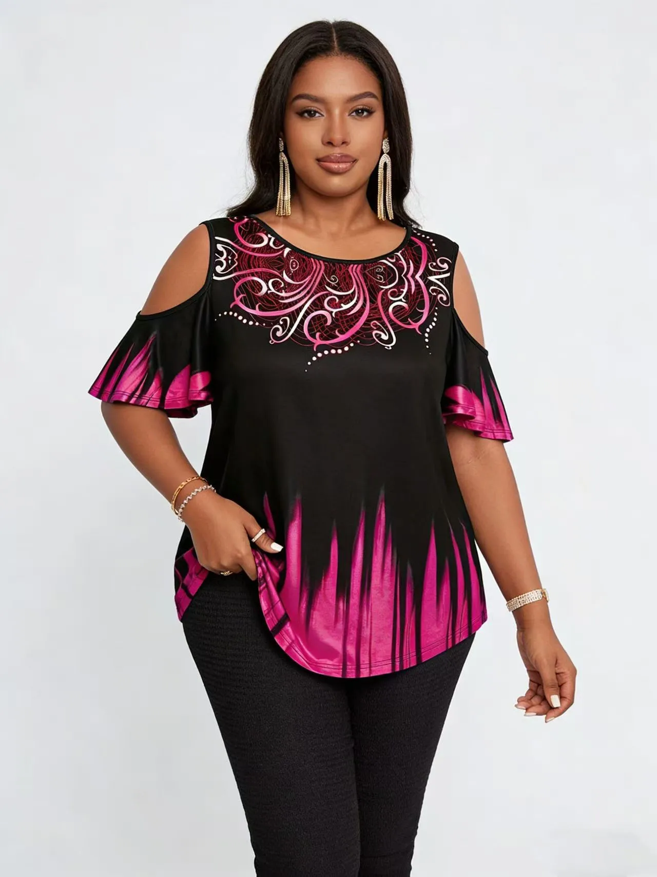 Plus Size Women's Gradient Print Off-Shoulder T-Shirt - Casual Short Sleeve with Paisley Detail, Stretchy Polyester Blend, Machine Washable - Plus Size T-Shirt