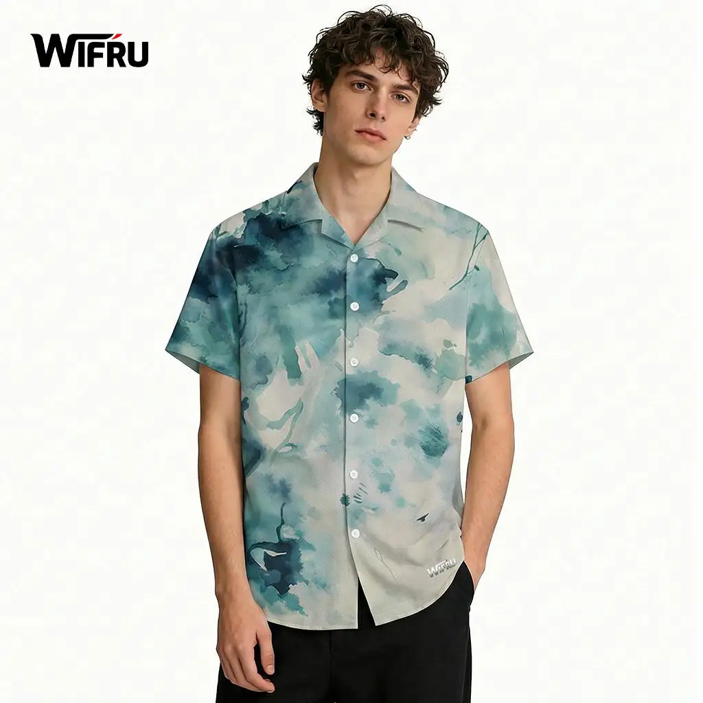 

Abstract Watercolor Print Hawaiian Shirt Blue Green Tie Dye Pattern Short Sleeve Button Shirt WIFRU Beach Vacation Casual Tops