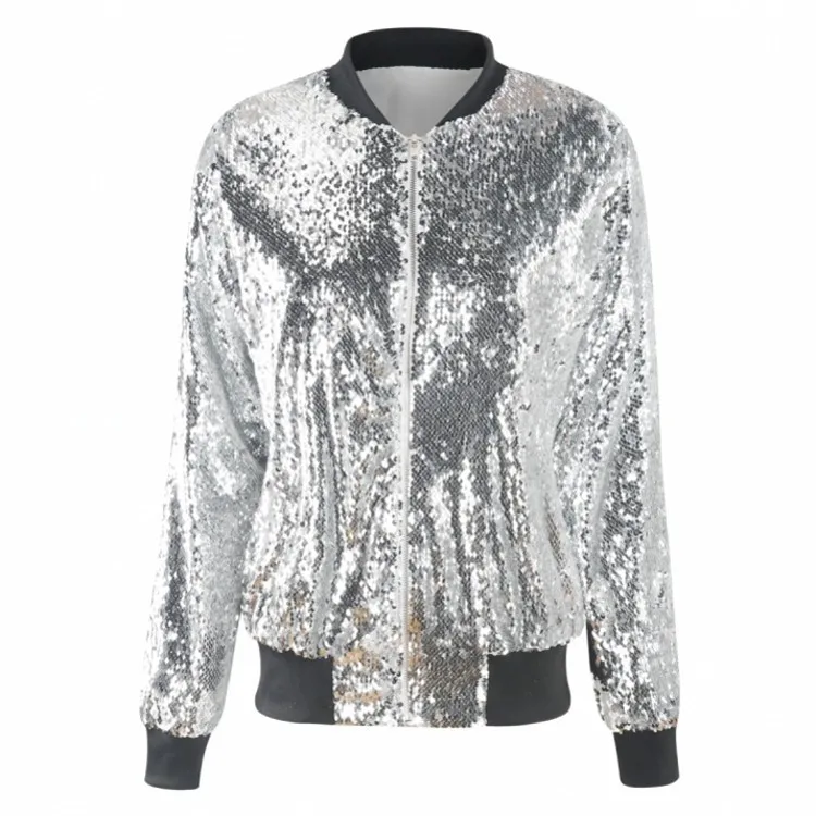 Fashion Women Sequins Coat Bomber Jacket Long Sleeve Zipper Streetwear Casual Loose Glitter Outerwear Female 2024 Spring Coats