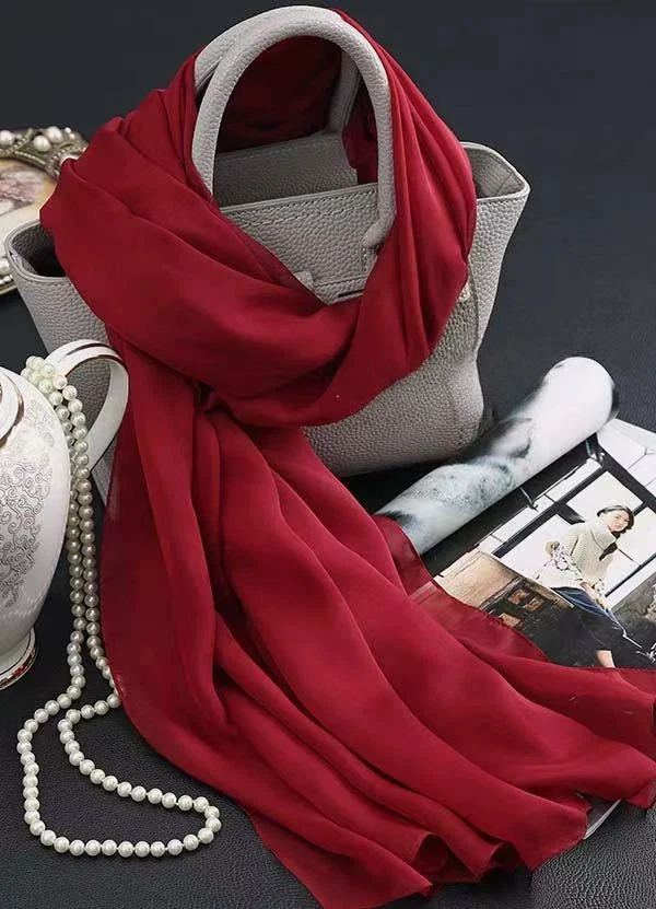 2026 Women Red 100% Silk Scarf Vintage Long Shawl Wrap Wine Red Solid Scarves Plain Silk Beach Cover Up Scarf for Wedding