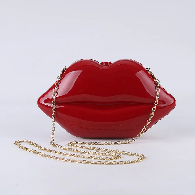 Red Acrylic Bag Lip Shape Party Bag Beautiful Crossbody Bag Fashionable Chain Bag For Women Girl Banquet Bag