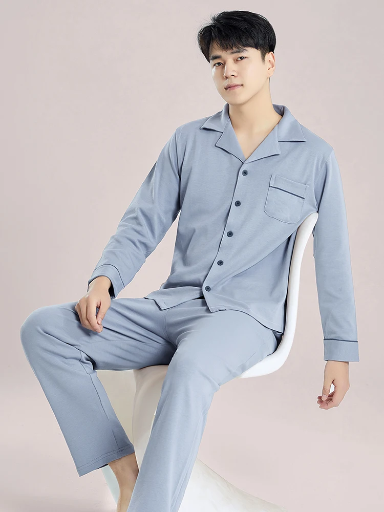 Blaue Baumwolle Pyjama Winter Männer Nachtwäsche Nachtwäsche volle Ärmel pj Pijama Hombre Home Kleidung 2 Stück Set Baumwolle Pyjama Homme