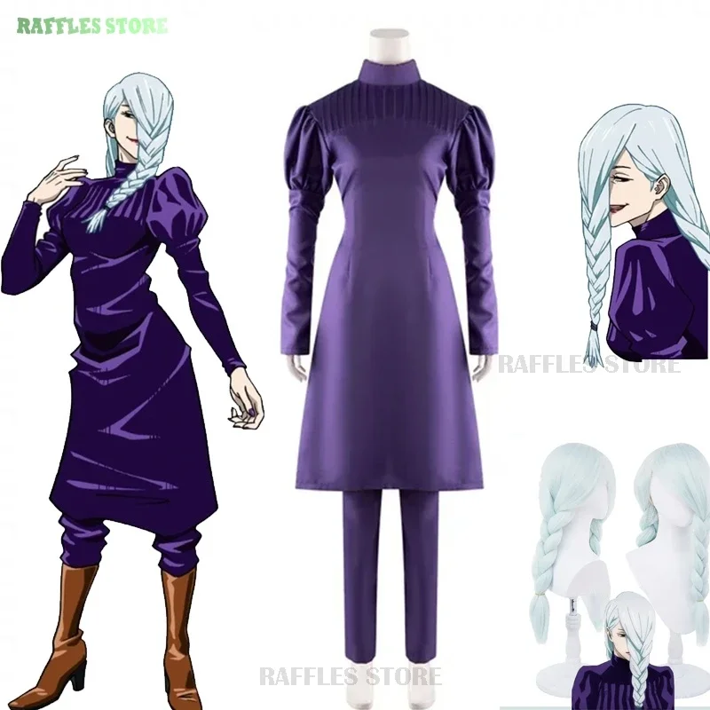 Mei Mei cosplay costume purple dress Anime Comic JJK Lady black uniforms suit for Halloween party wig braid pants