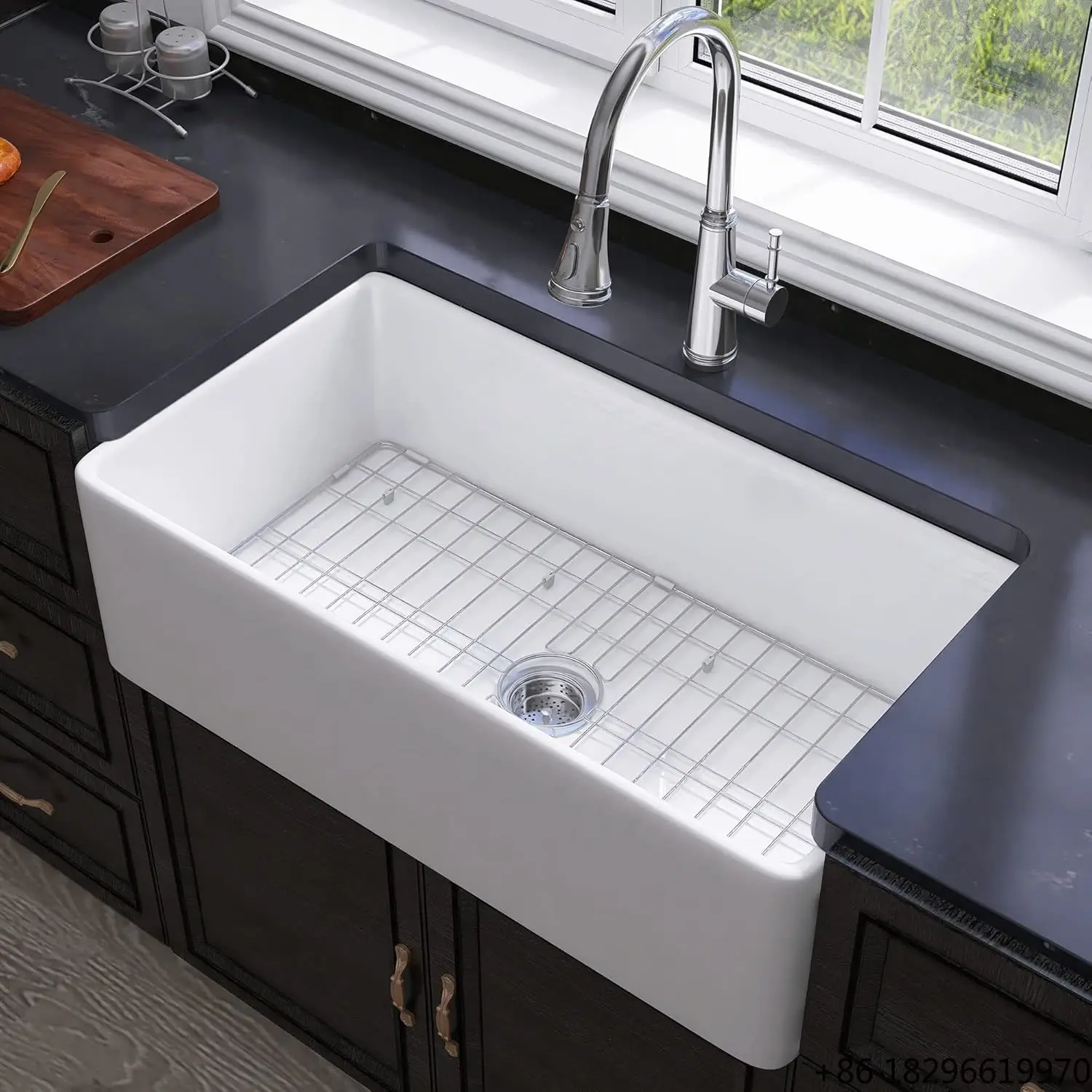 33 Inch Farmhouse Kitchen Sink Apron Front Reversible Rectangular Bowl Solid Fireclay Glossy White