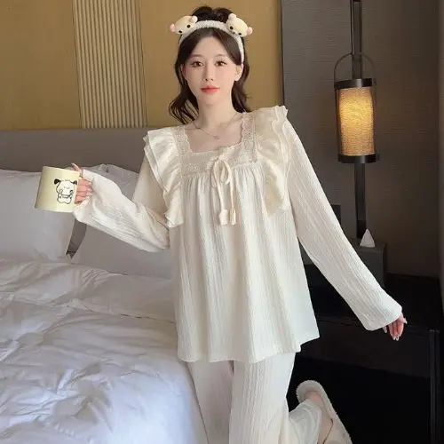 

Новые модные пижамы для женщин больших размеров: комплект с длинными рукавами, брюками, кружевным квадратным вырезом, для дома и улицы, весна-осень, для сна