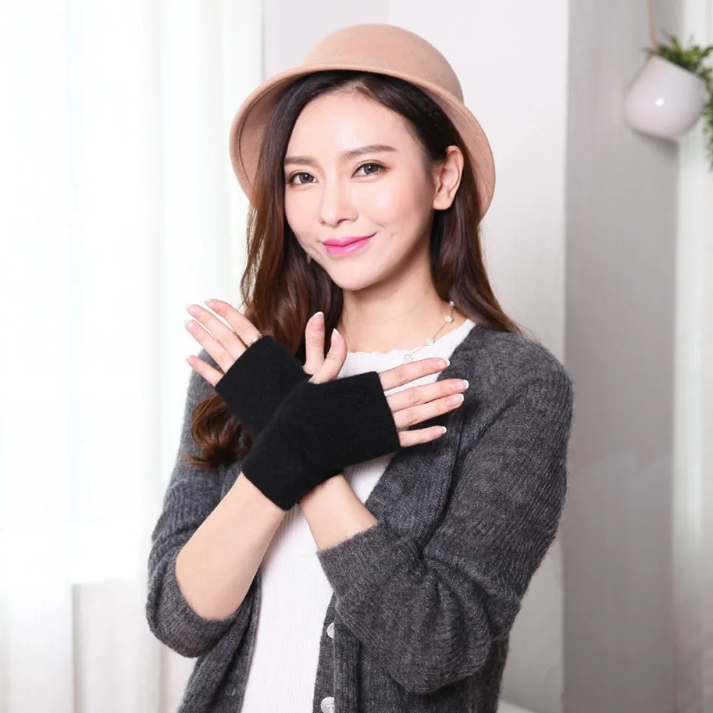 Шерстяные норковые кашемировые перчатки с открытыми пальцами, толстые вязаные шерстяные перчатки без пальцев, ветрозащитные, морозостойкие перчатки на запястье для женщин и девочек