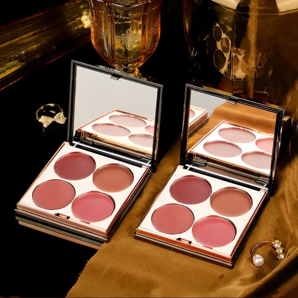 Paleta de blush portátil de quatro cores, à prova de suor, deslumbrante, paleta de sombra, sem manchas, ferramenta de maquiagem de lama labial de longa duração