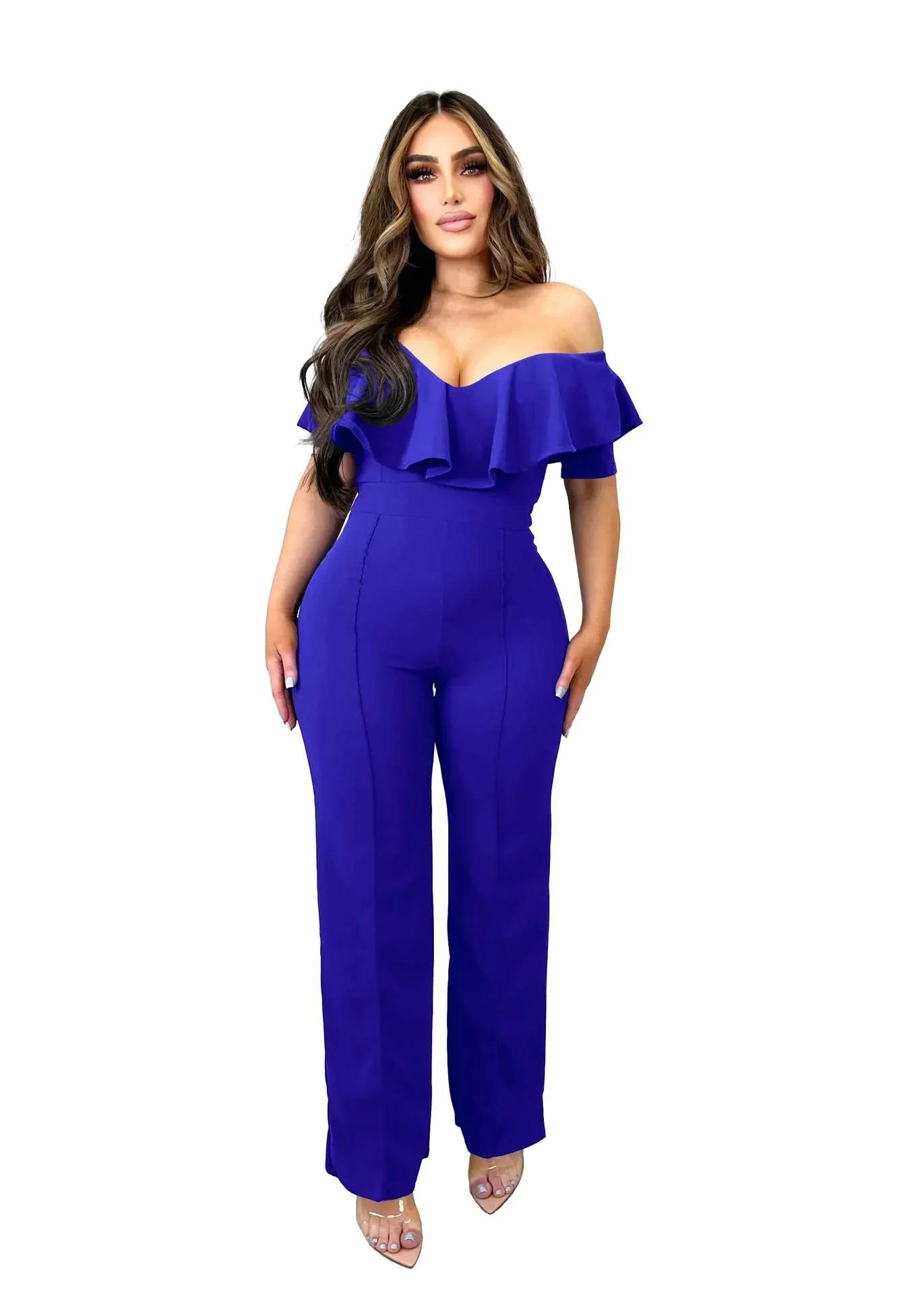 Vrouwen Jumpsuits Slash Hals Ruches Tops Overalls Rompertjes Midi Taille Wijde Pijpen Broek Casual V-hals Zomer Kantoor Dames