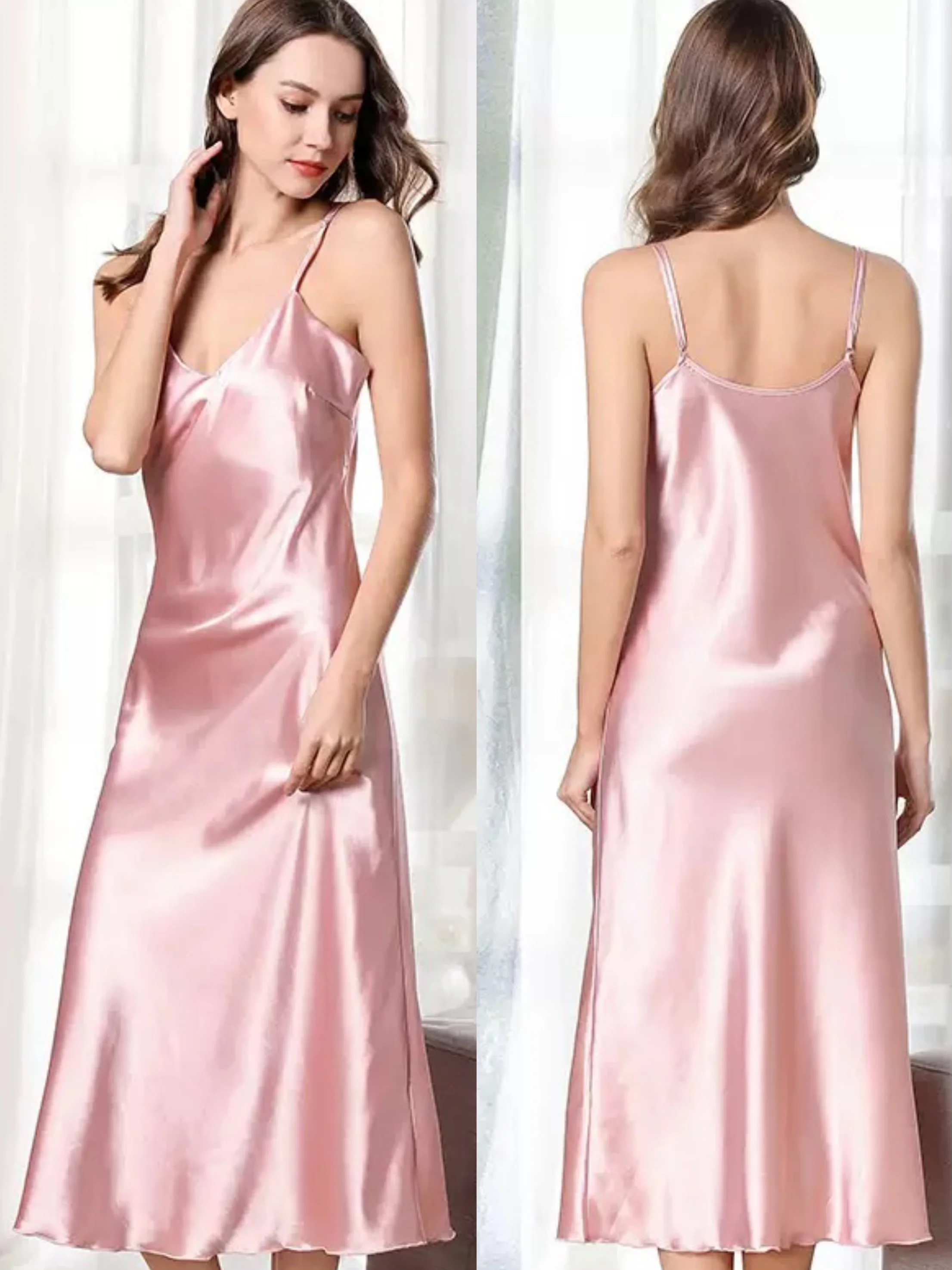 

Women's Pink Satin Nightie Nightgown Spaghetti Strap Sleep Dress Sexy Intimate Lingerie Comfortable Home Nightwear