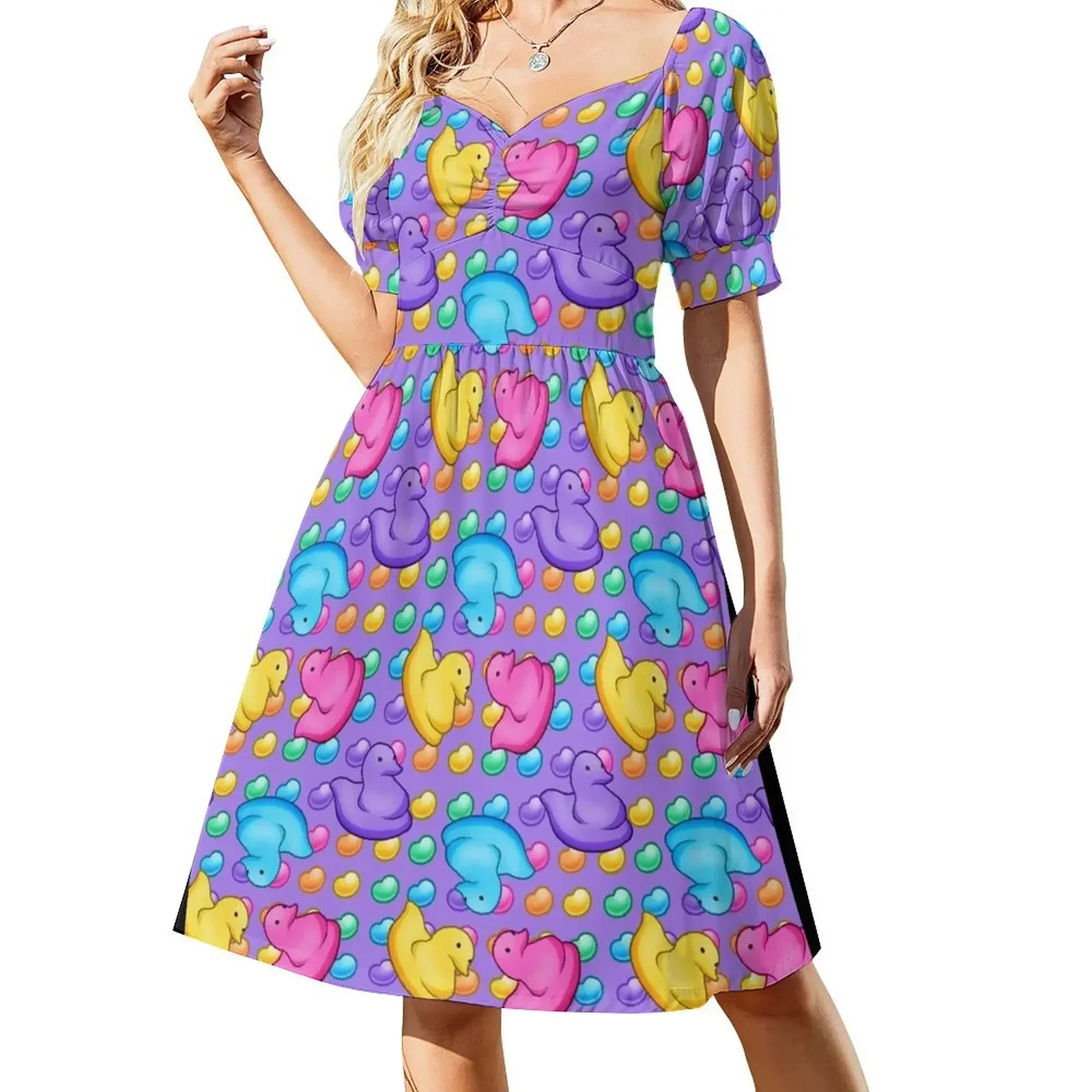 Marshmallow Peeps w/ Rainbow Jelly Beans on Purple - Easter Peep Chick Sleeveless Dress Dress for pregnant women Dress