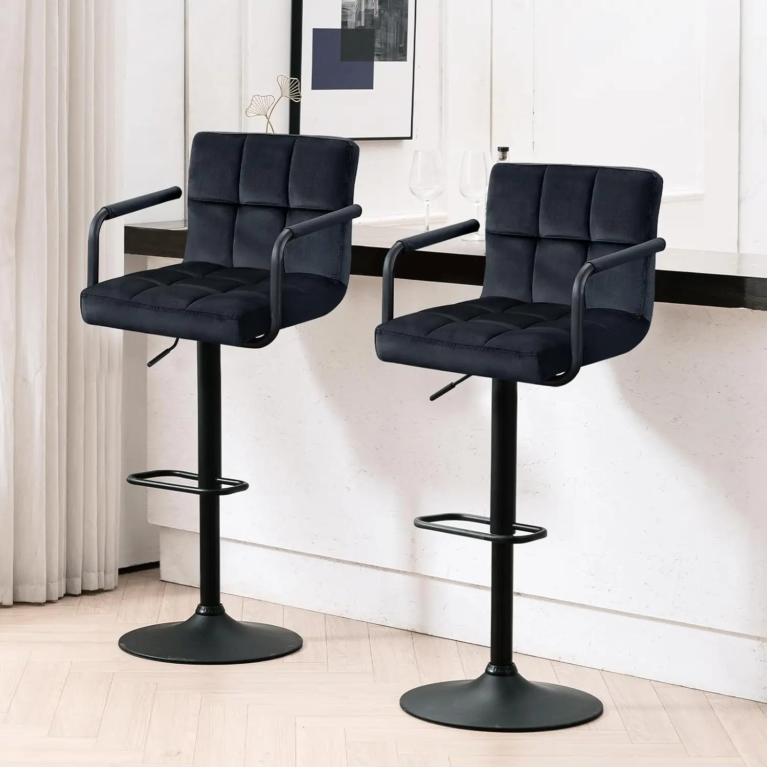 

Adjustable Barstools with Back, Black bar stools Set of 2, Velvet 360°Swivel Bar Stools, Double Stitching Counter Stools (Black)