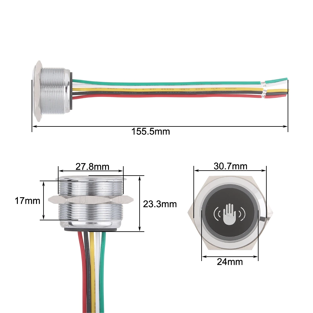 1pc 28mm Waterproof Metal No Touch Aluminum housing IP65 Switches Blue Green LED For Door Or Bell On-Off With Wires 12-24V DC