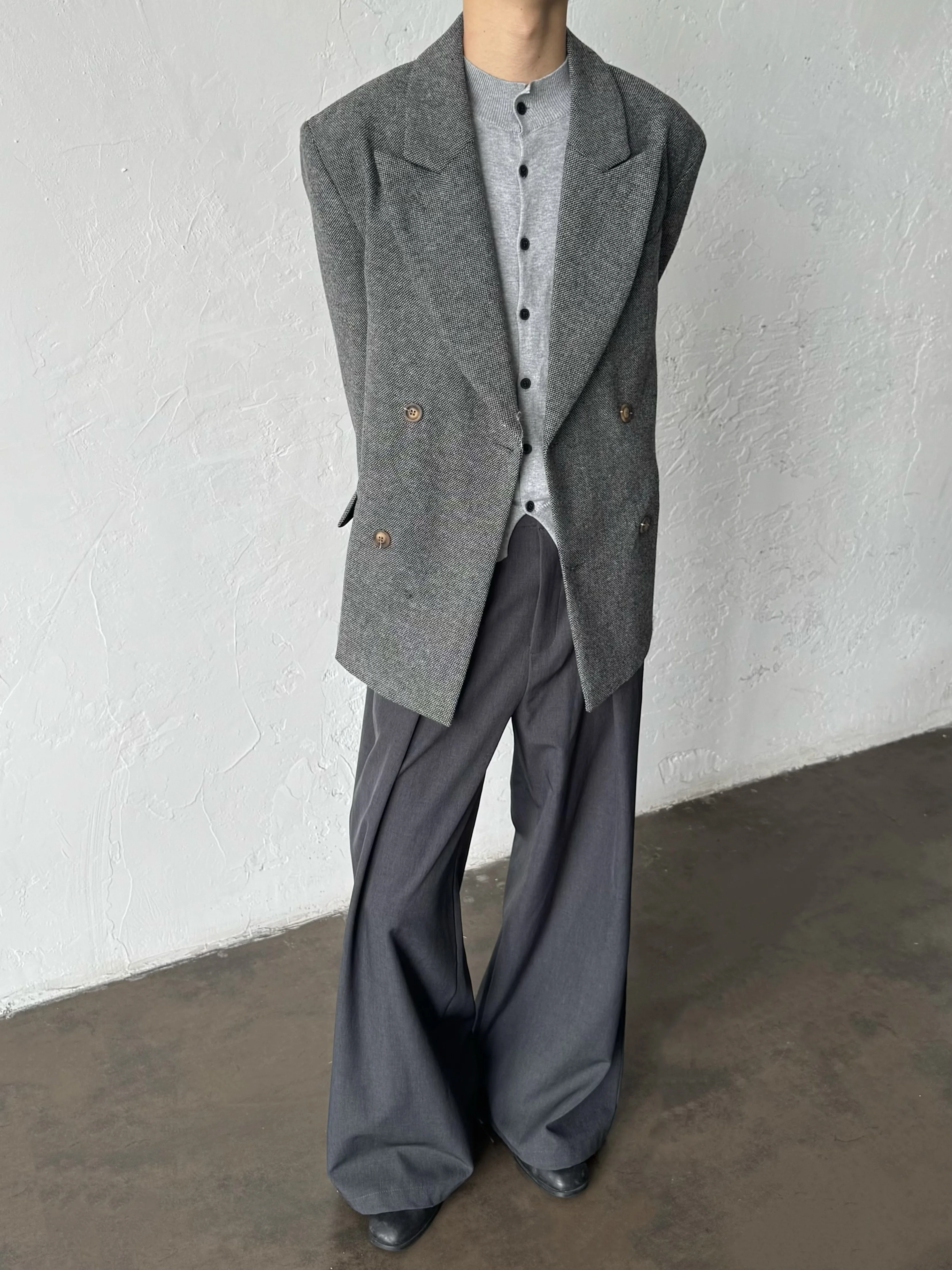 Autumn Winter Men's Woolen Suit Jacket Grey Double Breasted Casual Style Korean Fashion Long Sleeve Single Slit