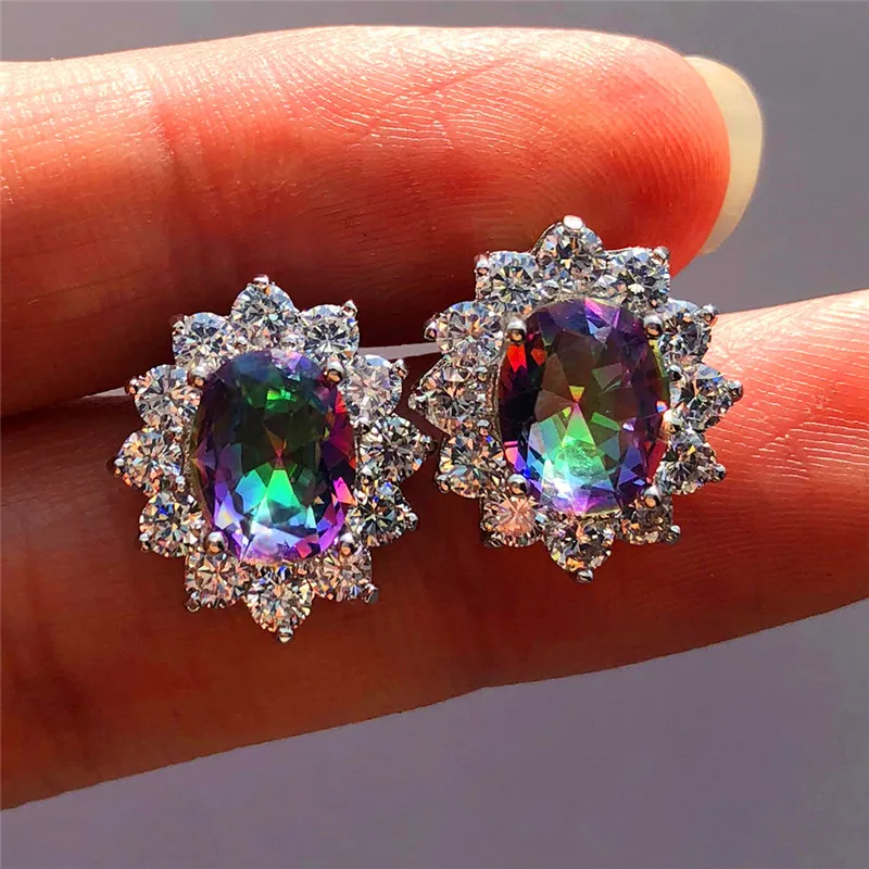 Boho Female Luxury Rainbow Zircon Stud Earrings Vintage Silver Color Wedding Jewelry