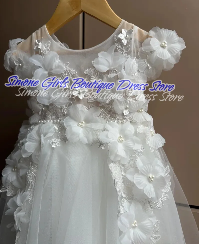 Flor pérola decoração branco vestido de princesa vestidos da menina de flor para cerimônias de casamento celebração do feriado recepções formais